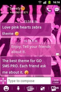 GO SMS Pink Theme Heart Zebra