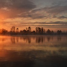 Sunrise Mist Over Lake